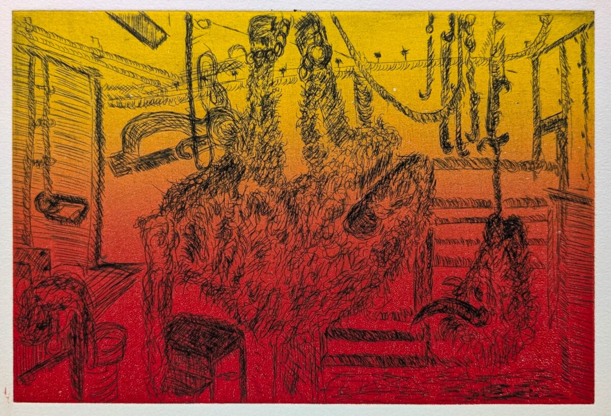 01 gervais chantal taureau suspendu de la serie l abattoir eau forte et impression en relief avec rouleau 2025 3